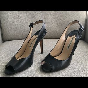 Manolo Blahnik Black Leather Peep Toe Heels